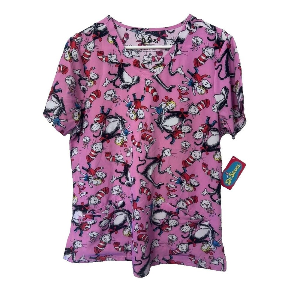 Dr.Seuss Cat Scrub Top Women Medium Pink Short Sleeve Work  V-Neck Graphic New